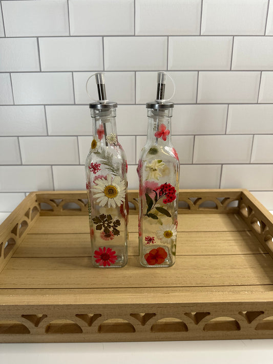 Decorative Pressed Flower Olive Oil and Vinegar Bottles